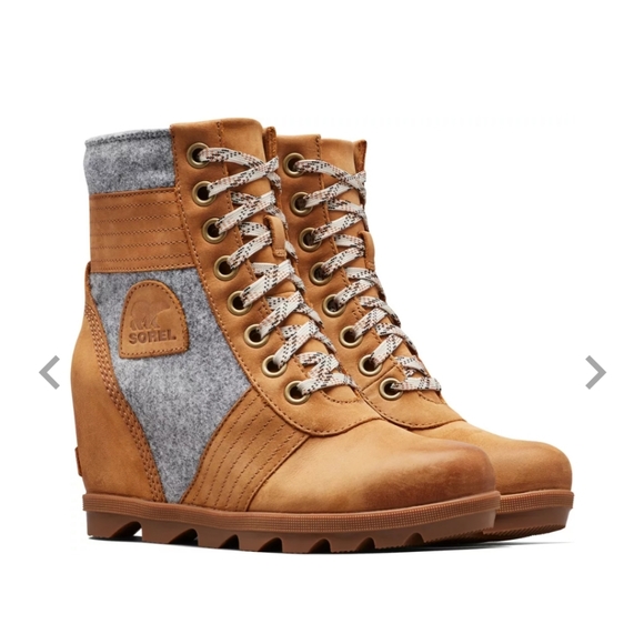 Sorel Shoes - Sorel Tan and Gray Wedge Lace-Up Ankle Boots